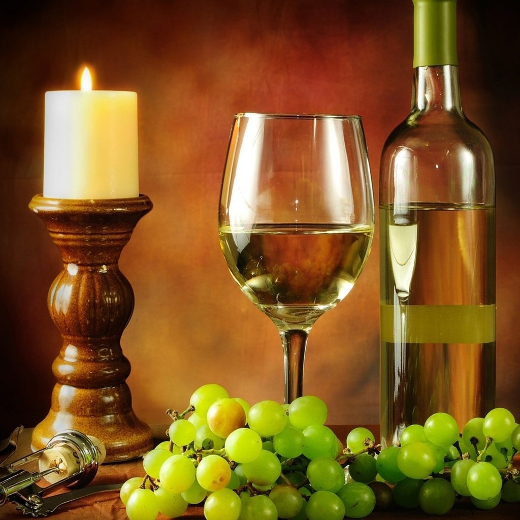 Обои виноград, бокал, вино, свеча, бутылка, белое вино, штопор, grapes, glass, wine, candle, bottle, white wine, corkscrew разрешение 2560x1600 Загрузить