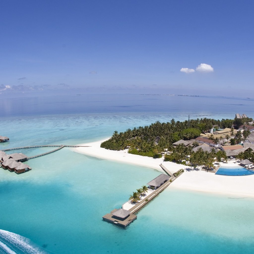 Обои пляж, остров, бунгало, тропики, мальдивы, beach, island, bungalow, tropics, the maldives разрешение 1920x1080 Загрузить
