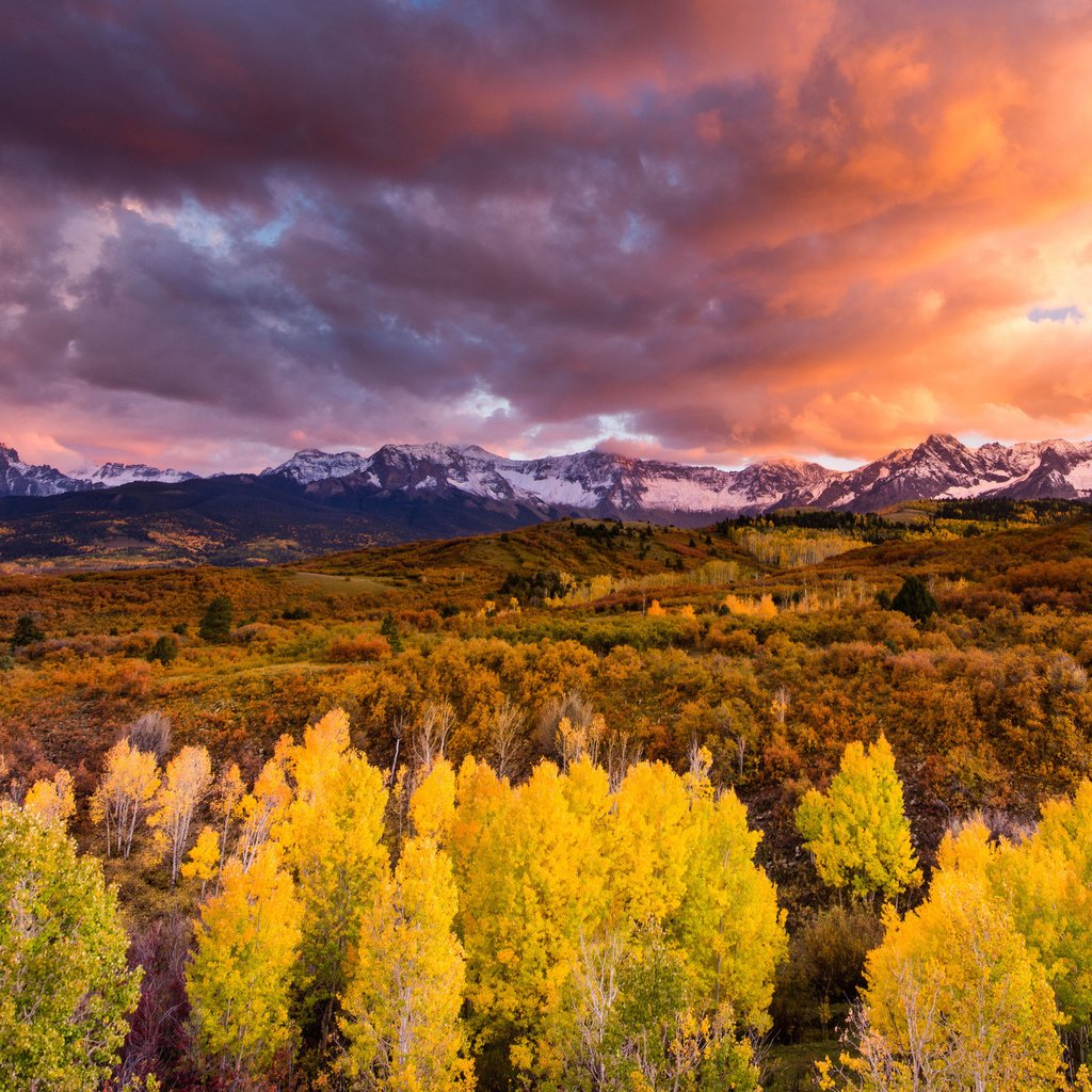 Обои небо, облака, горы, лес, закат, осень, the sky, clouds, mountains, forest, sunset, autumn разрешение 2048x1346 Загрузить