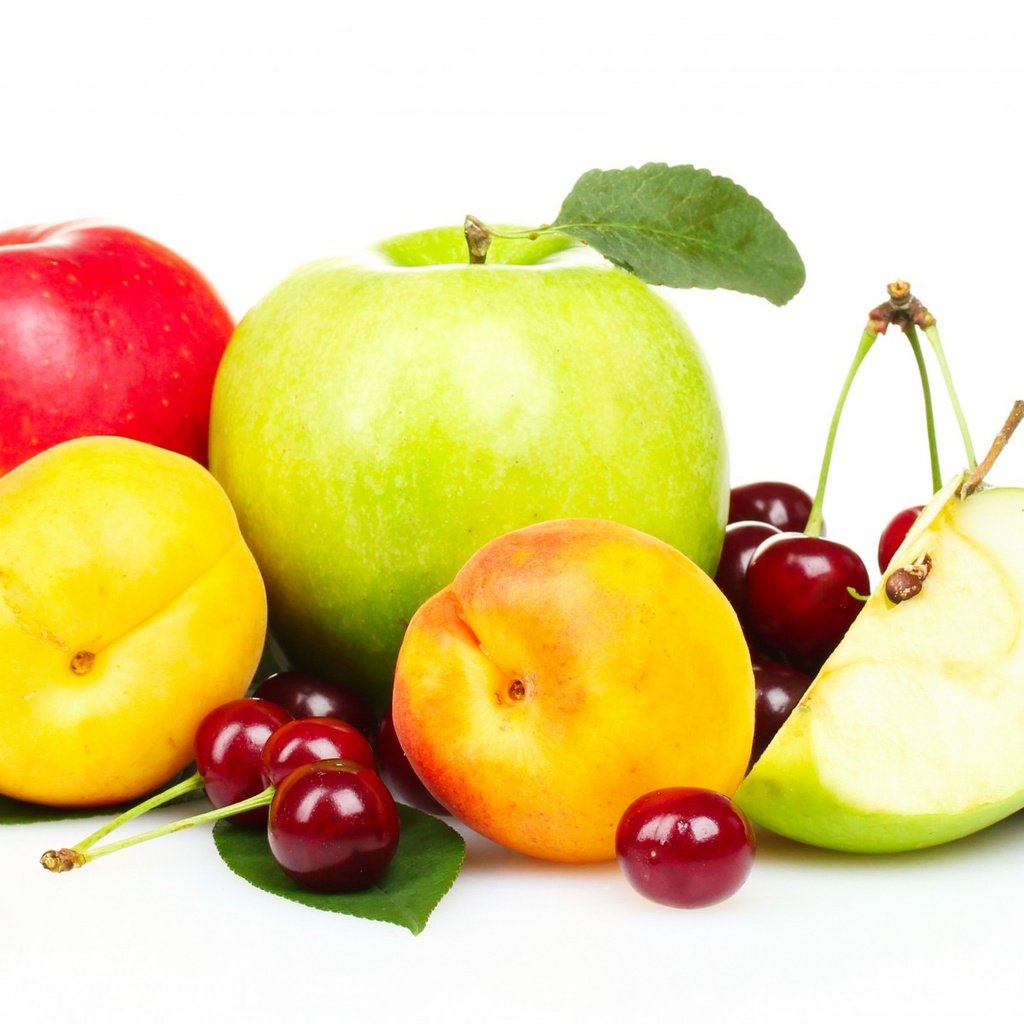 Обои фрукты, яблоки, черешня, ягоды, персики, fruit, apples, cherry, berries, peaches разрешение 1920x1200 Загрузить