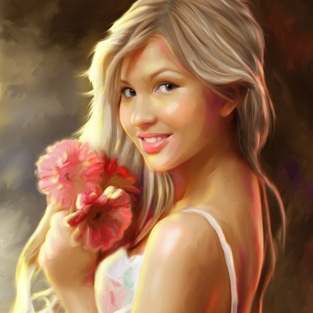 Обои цветы, арт, девушка, блондинка, улыбка, flowers, art, girl, blonde, smile разрешение 2842x2344 Загрузить