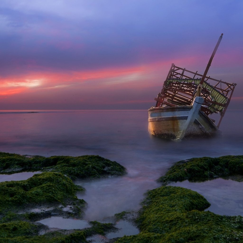 Обои небо, природа, закат, море, корабль, the sky, nature, sunset, sea, ship разрешение 2047x1249 Загрузить