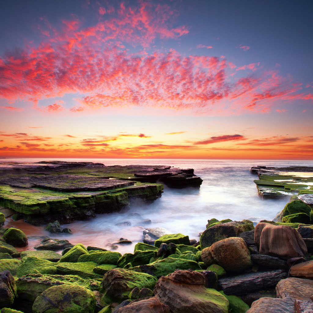 Обои облака, вода, камни, закат, водоросли, clouds, water, stones, sunset, algae разрешение 2048x1365 Загрузить