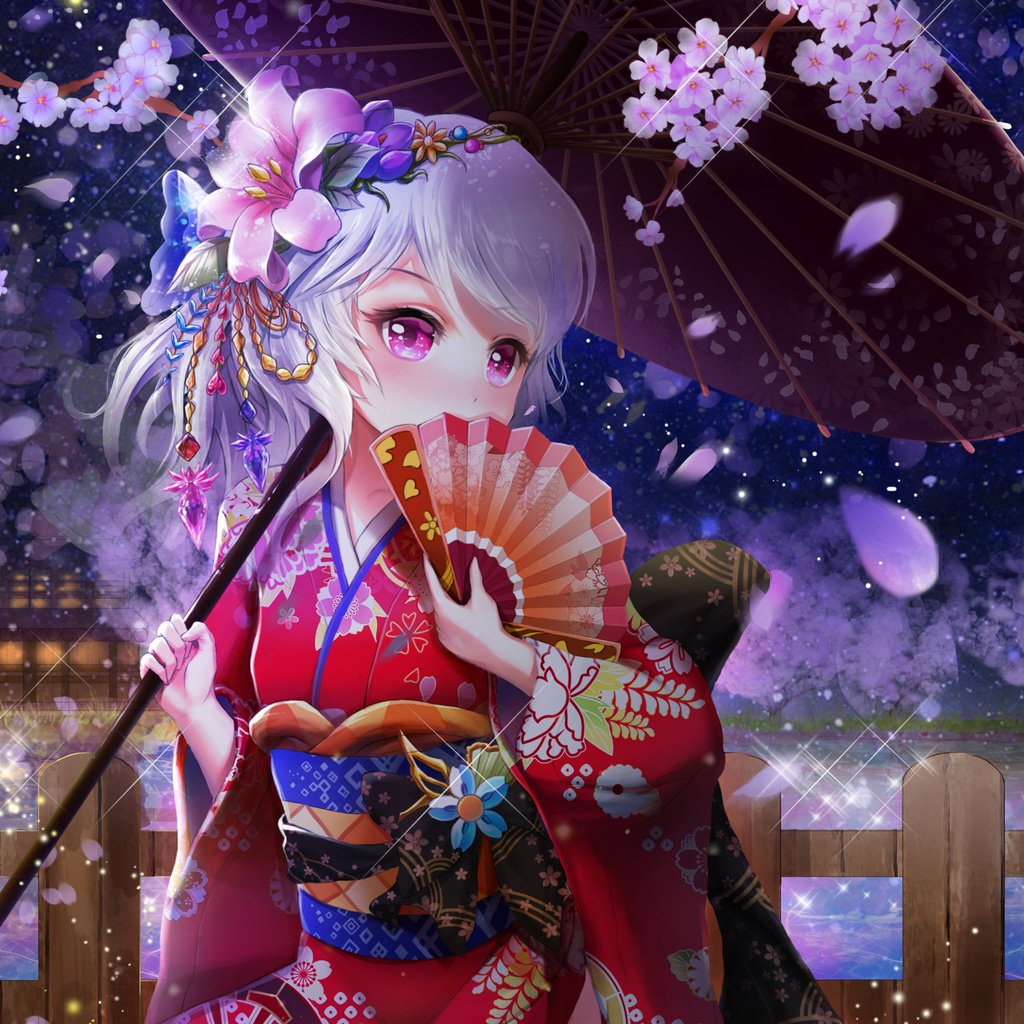 Обои цветение, аниме, зонт, сакура, кимоно, веер, юката, flowering, anime, umbrella, sakura, kimono, fan, yukata разрешение 2079x1605 Загрузить