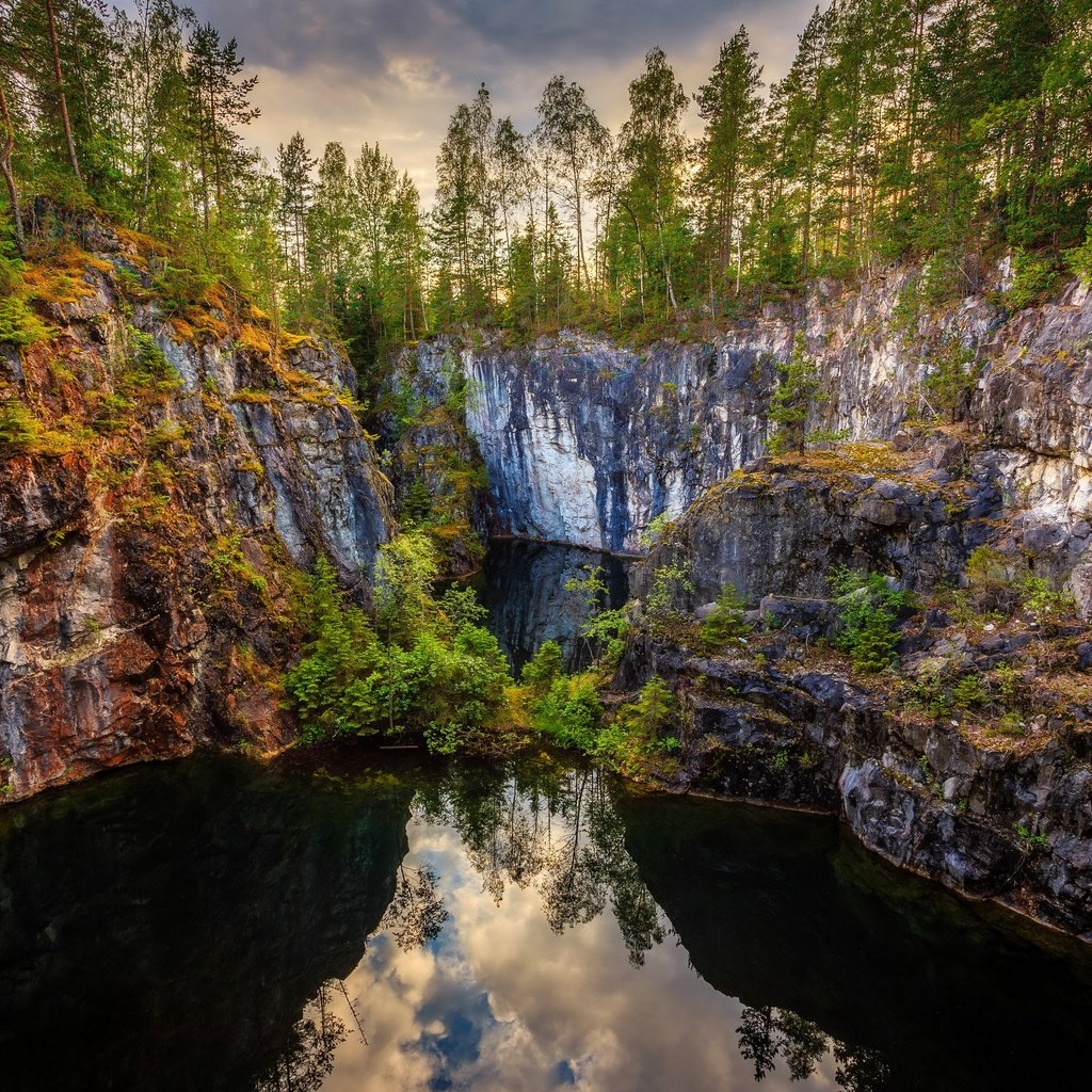 Обои деревья, grythyttan, вода, озеро, скалы, лес, отражение, каньон, швеция, trees, water, lake, rocks, forest, reflection, canyon, sweden разрешение 2880x1920 Загрузить