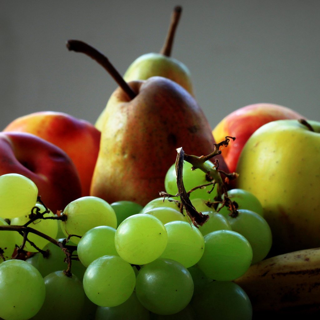 Обои виноград, фрукты, ягоды, яблоко, натюрморт, груша, grapes, fruit, berries, apple, still life, pear разрешение 1920x1386 Загрузить