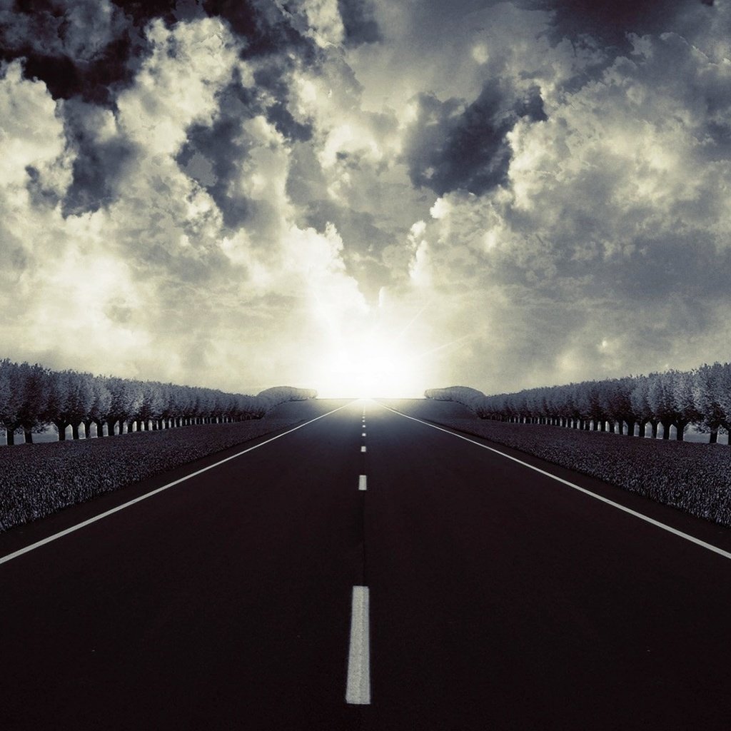 Обои дорога, облака, деревья, горизонт, дорожная разметка, road, clouds, trees, horizon, road markings разрешение 3000x1844 Загрузить