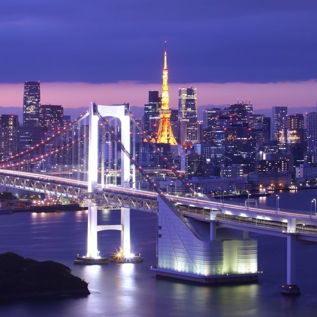 Обои город, япония, островок, японии, токио, радужный мост, токийский залив, the city, japan, island, tokyo, rainbow bridge, tokyo bay разрешение 5120x2197 Загрузить