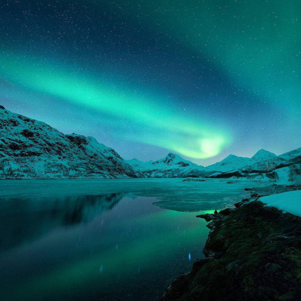 Обои небо, горы, зима, северное сияние, норвегия, лофотенские, the sky, mountains, winter, northern lights, norway, lofoten разрешение 2048x1367 Загрузить