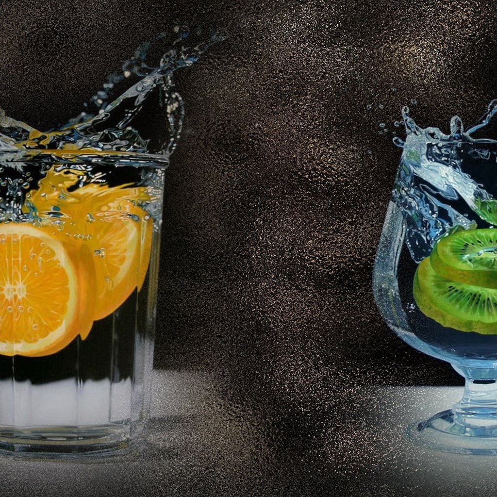 Обои вода, стакан, цитрусы, капли, фужер, фрукты, бокал, лимон, апельсин, всплеск, киви, water, citrus, drops, fruit, glass, lemon, orange, splash, kiwi разрешение 1920x1080 Загрузить