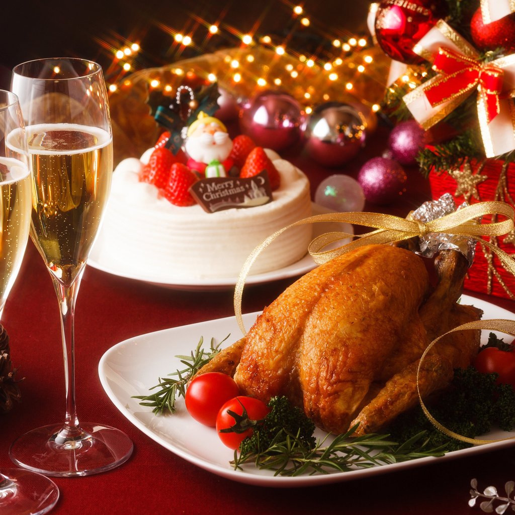 Обои новый год, курица, шары, ужин, вино, сервировка, бокалы, рождество, шампанское, торт, помидоры, new year, chicken, balls, dinner, wine, serving, glasses, christmas, champagne, cake, tomatoes разрешение 3840x2400 Загрузить