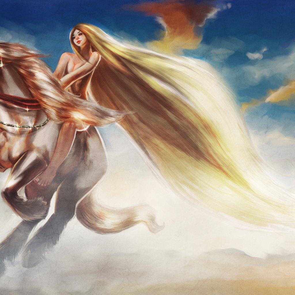 Обои небо, длинные волосы, арт, lady godiva, облака, девушка, животное, конь, грива, скачет, the sky, long hair, art, clouds, girl, animal, horse, mane, jump разрешение 4800x2700 Загрузить