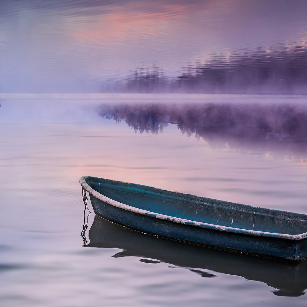 Обои озеро, природа, туман, лодка, lake, nature, fog, boat разрешение 3840x2160 Загрузить