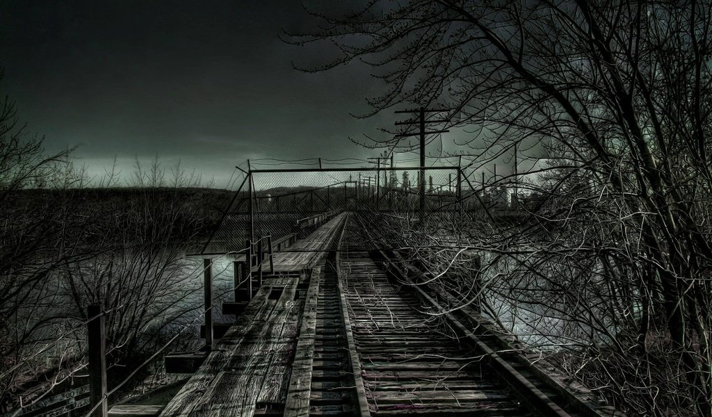 Обои дорога, мрак, ветки, железная, road, the darkness, branches, iron разрешение 1920x1200 Загрузить