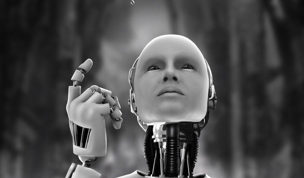 Обои капля, чёрно-белое, робот, андроид, drop, black and white, robot, android разрешение 3009x1895 Загрузить