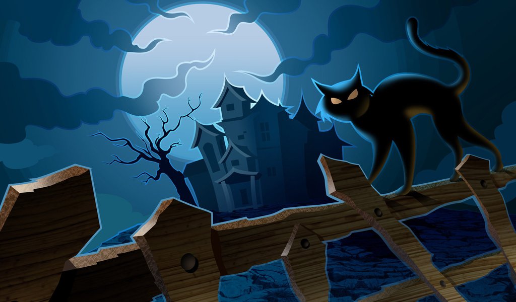 Обои кошка, дом, мистика, полнолуние, cat, house, mystic, the full moon разрешение 1920x1200 Загрузить