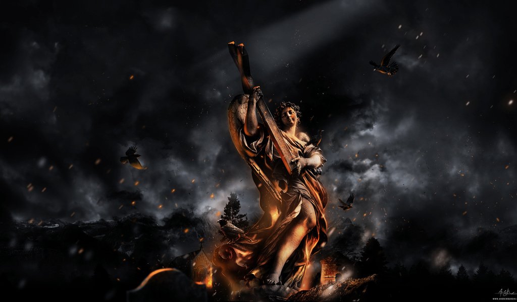 Обои огонь, птицы, статуя, пепел, fire, birds, statue, ash разрешение 2560x1440 Загрузить