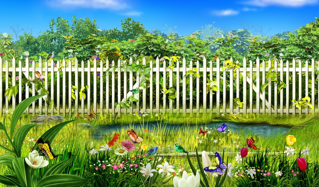 Обои цветы, трава, вода, забор, бабочки, flowers, grass, water, the fence, butterfly разрешение 1920x1200 Загрузить