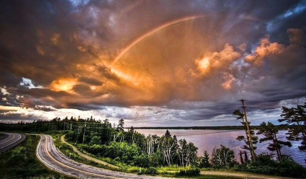 Обои дорога, облака, деревья, радуга, road, clouds, trees, rainbow разрешение 1920x1200 Загрузить