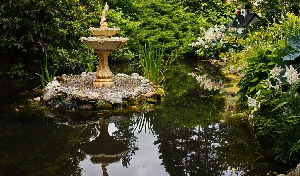 Обои зелень, фонтан, пруд, greens, fountain, pond разрешение 1920x1200 Загрузить