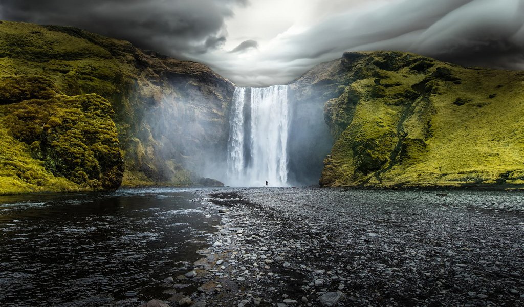 Обои скалы, водопад, исландия, скогафосс, скоугафосс, rocks, waterfall, iceland, skogarfoss, skogafoss разрешение 1920x1200 Загрузить