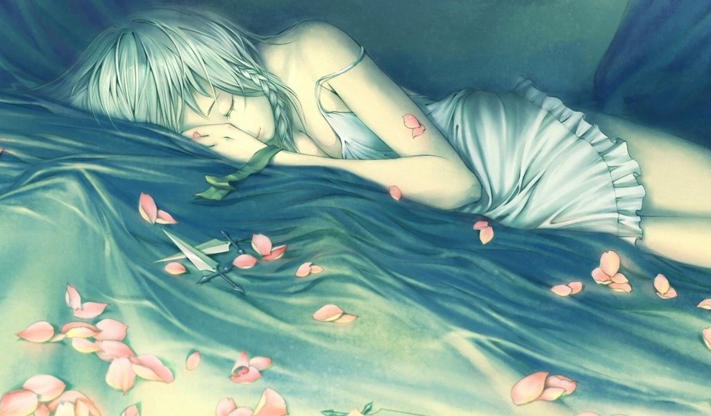 Обои рисунок, девушка, лепестки, спит, нож, постель, лежа, косички, figure, girl, petals, sleeping, knife, bed, lying, braids разрешение 1920x1080 Загрузить