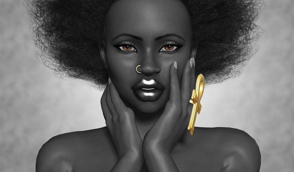 Обои арт, африканка, девушка, портрет, взгляд, лицо, пирсинг, темнокожая, 3д, art, african, girl, portrait, look, face, piercing, black, 3d разрешение 1987x1385 Загрузить