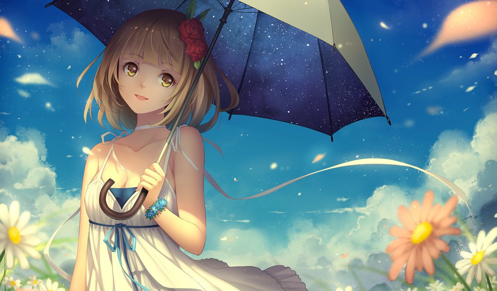 Обои цветы, арт, девушка, взгляд, аниме, зонт, flowers, art, girl, look, anime, umbrella разрешение 1920x1358 Загрузить