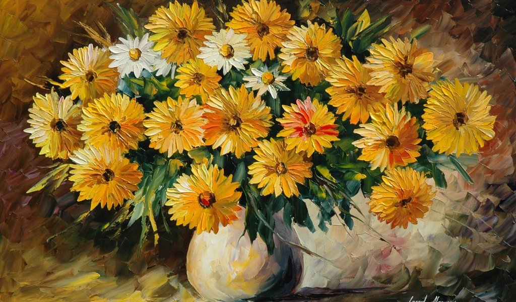 Обои цветы, букет, ваза, живопись, leonid afremov, flowers, bouquet, vase, painting разрешение 2813x1869 Загрузить