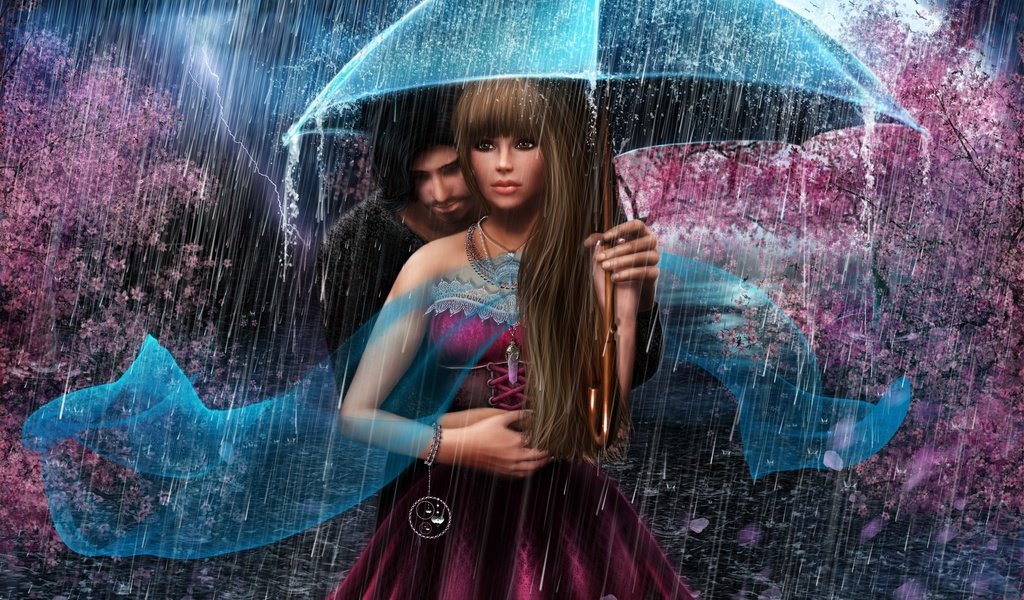 Обои девушка, сакура, молния, нежность, взгляд, объятия, парень, дождь, любовь, романтика, зонт, girl, sakura, lightning, tenderness, hugs, look, guy, rain, love, romance, umbrella разрешение 2560x1800 Загрузить