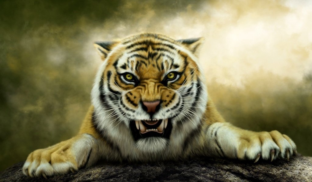 Обои тигр, хищник, фотошоп, оскал, нelena, tiger, predator, photoshop, grin, gb разрешение 2048x1152 Загрузить