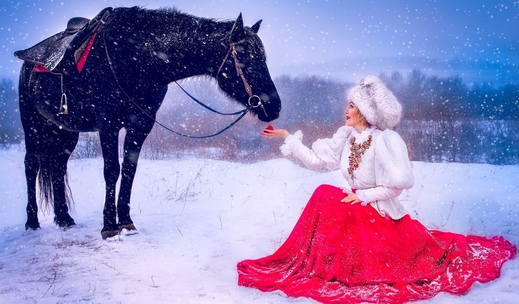 Обои лошадь, снег, девушка, платье, шапка, яблоко, horse, snow, girl, dress, hat, apple разрешение 1920x1208 Загрузить
