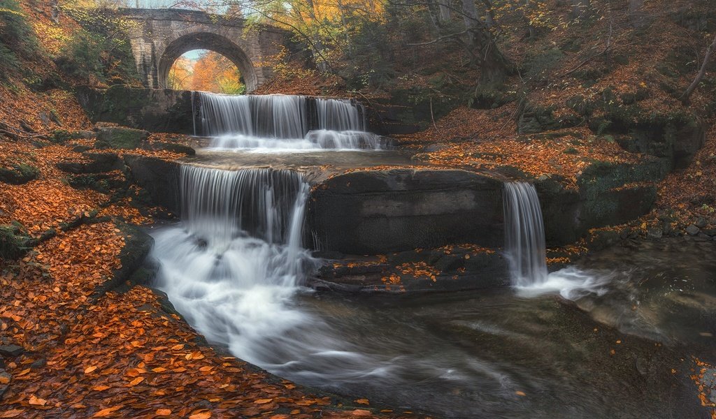 Обои река, листья, мост, водопад, осень, каскад, болгария, river, leaves, bridge, waterfall, autumn, cascade, bulgaria разрешение 2048x1228 Загрузить