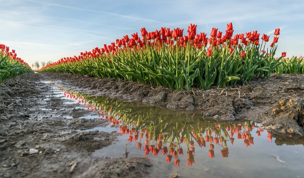Обои цветы, вода, земля, отражение, весна, тюльпаны, flowers, water, earth, reflection, spring, tulips разрешение 2048x1238 Загрузить