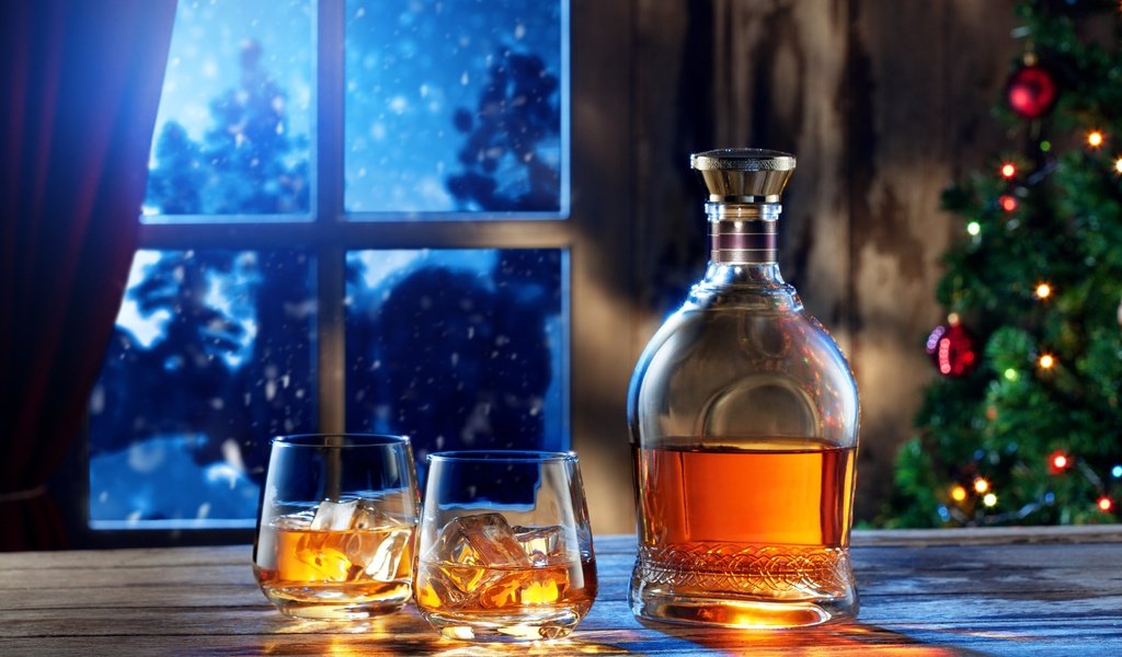 Обои виски, новый год, елка, напиток, лёд, окно, стакан, бутылка, коньяк, whiskey, new year, tree, drink, ice, window, glass, bottle, cognac разрешение 3600x2400 Загрузить