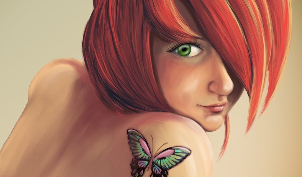 Обои арт, девушка, взгляд, бабочка, рыжая, тату, татуировка, плечо, anna mannco, art, girl, look, butterfly, red, tattoo, shoulder разрешение 2391x1812 Загрузить
