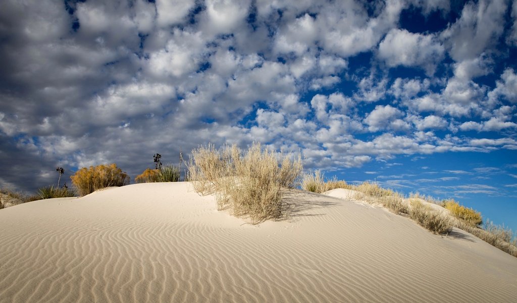 Обои небо, облака, песок, пустыня, сша, нью-мексико, белый песок, the sky, clouds, sand, desert, usa, new mexico, white sand разрешение 2048x1365 Загрузить