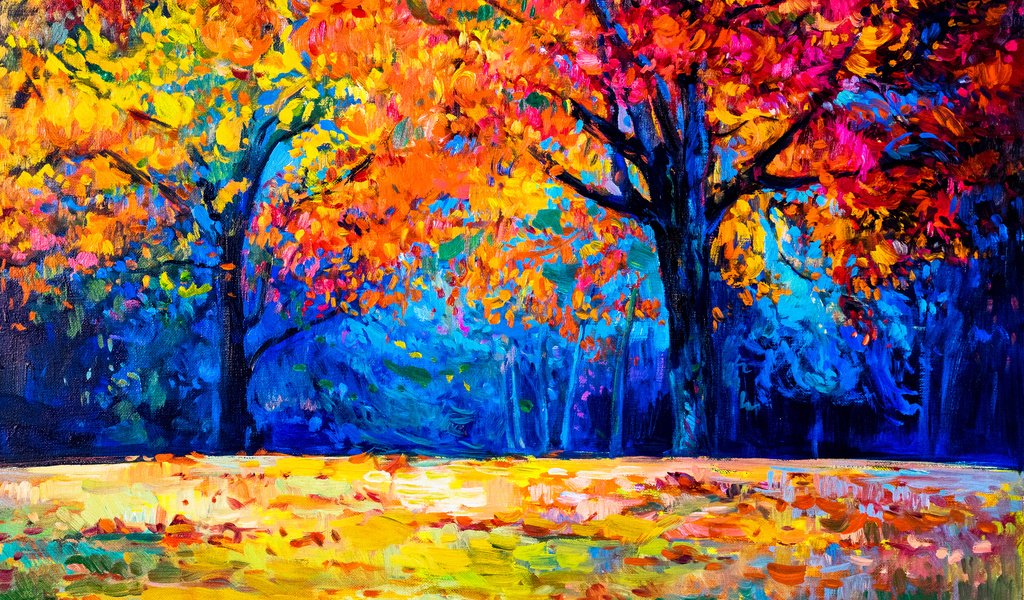 Обои арт, деревья, листья, пейзаж, осень, живопись, art, trees, leaves, landscape, autumn, painting разрешение 3840x2400 Загрузить