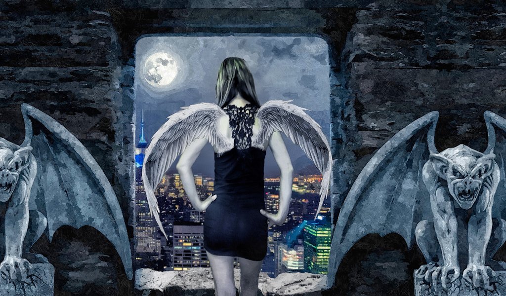 Обои девушка, город, луна, крылья, ангел, гаргульи, girl, the city, the moon, wings, angel, gargoyles разрешение 1920x1080 Загрузить