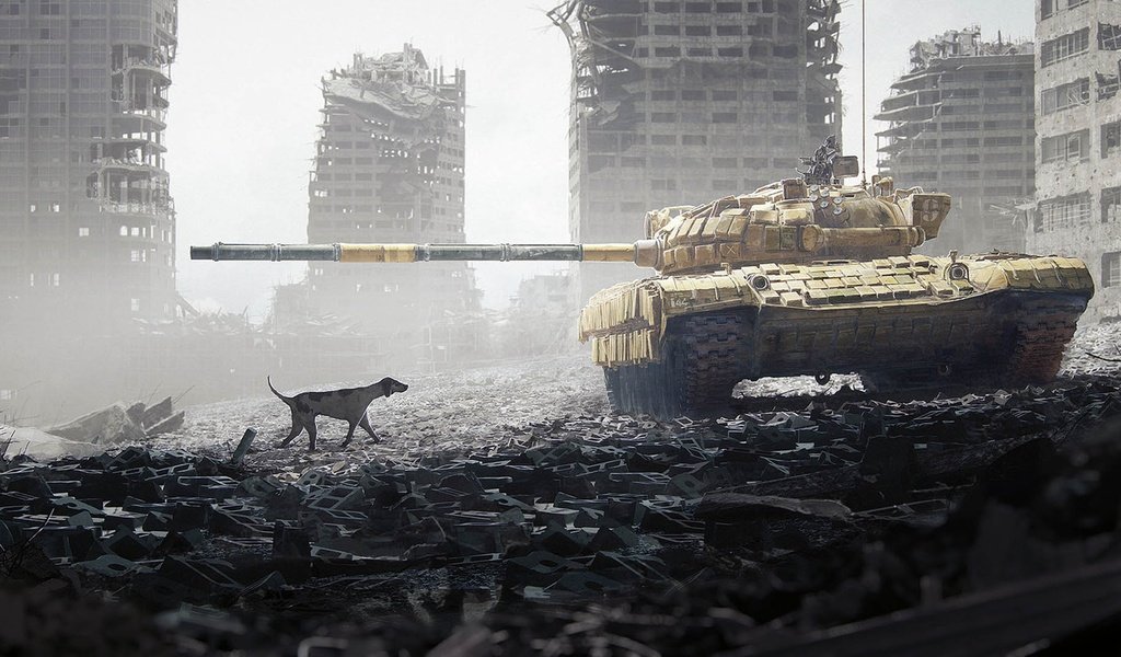 Обои война, город, собака, разруха, танк, здания, war, the city, dog, devastation, tank, building разрешение 1920x1080 Загрузить