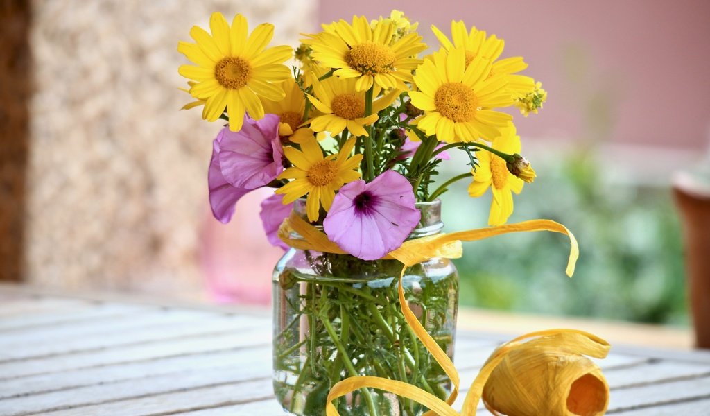 Обои цветы, стол, букет, банка, маргаритки, flowers, table, bouquet, bank, daisy разрешение 5184x3456 Загрузить