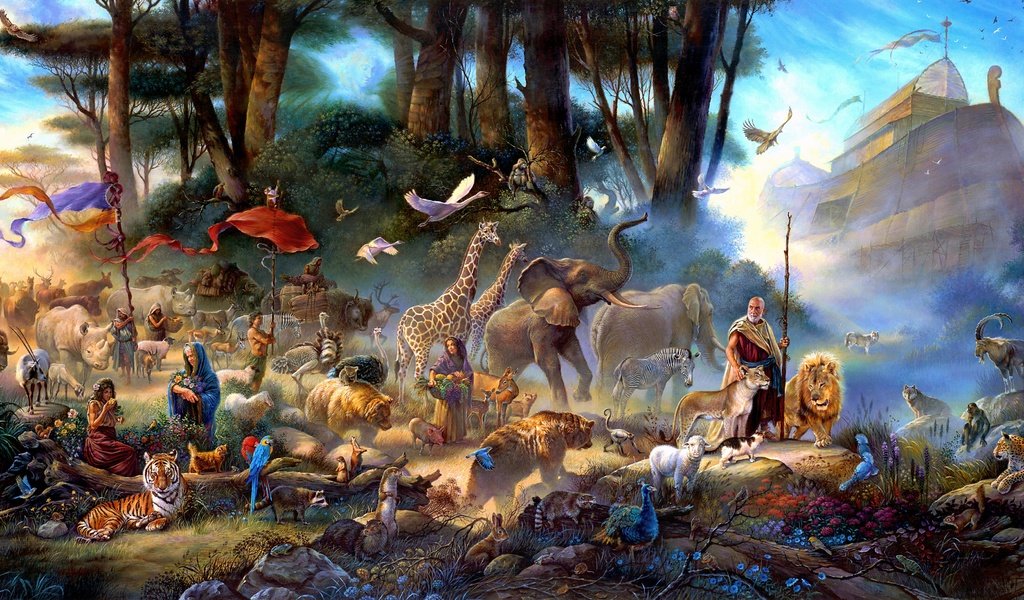 Обои арт, посох, картина, живопись, ковчег, медведи, туман, жирафы, люди, тигры, птицы, львы, слоны, art, staff, picture, painting, the ark, bears, fog, giraffes, people, tigers, birds, lions, elephants разрешение 4374x2183 Загрузить