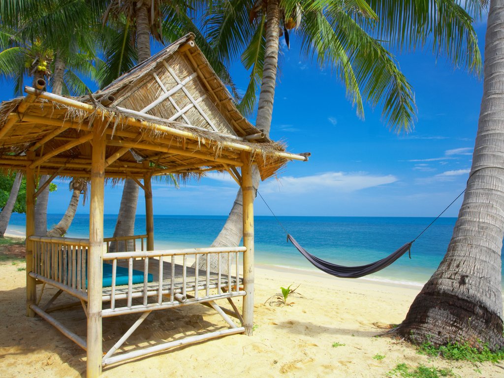 Обои песок, пальма, гамак, бунгало, sand, palma, hammock, bungalow разрешение 3200x2127 Загрузить