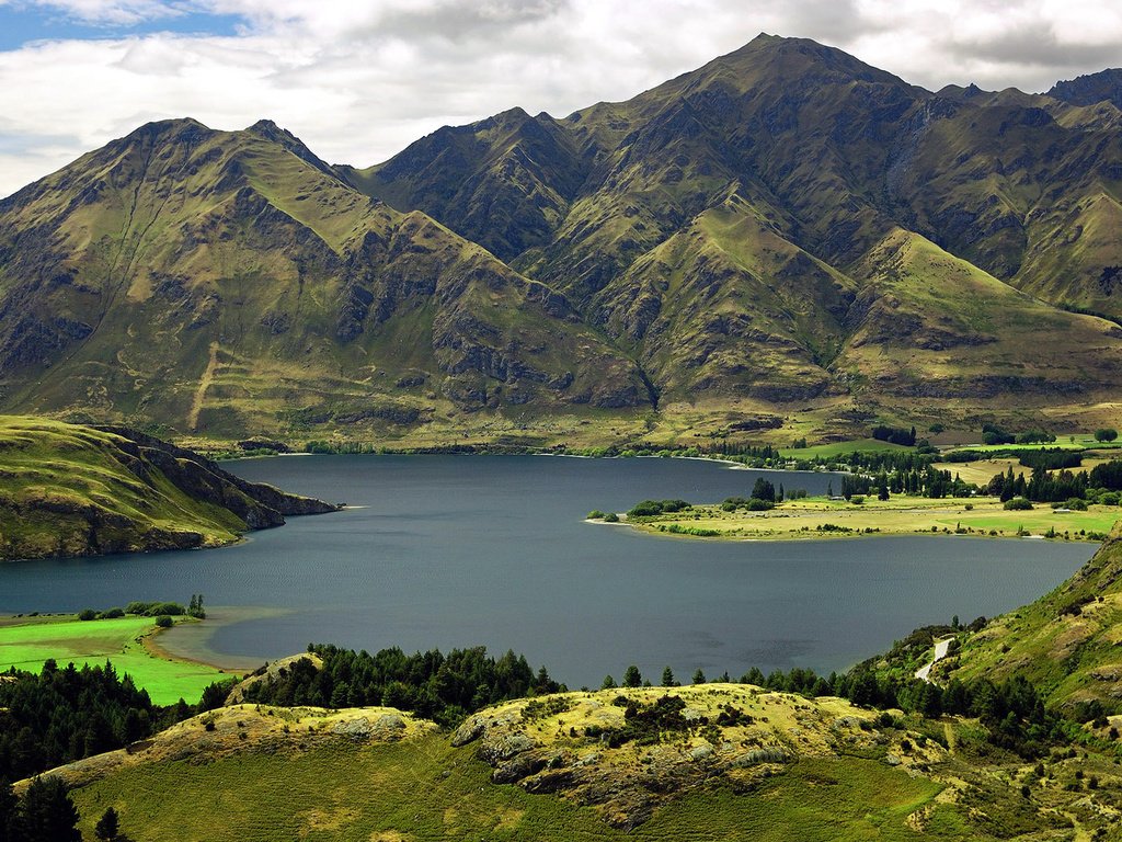 Обои озеро, горы, зелень, новая зеландия, lake, mountains, greens, new zealand разрешение 1920x1200 Загрузить