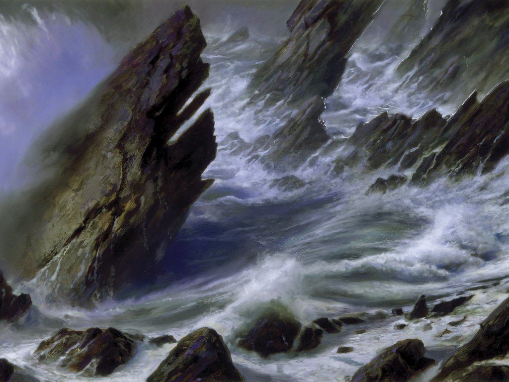 Обои скалы, берег, волны, картина, море, шторм, donato giancola, rocks, shore, wave, picture, sea, storm разрешение 4173x2209 Загрузить