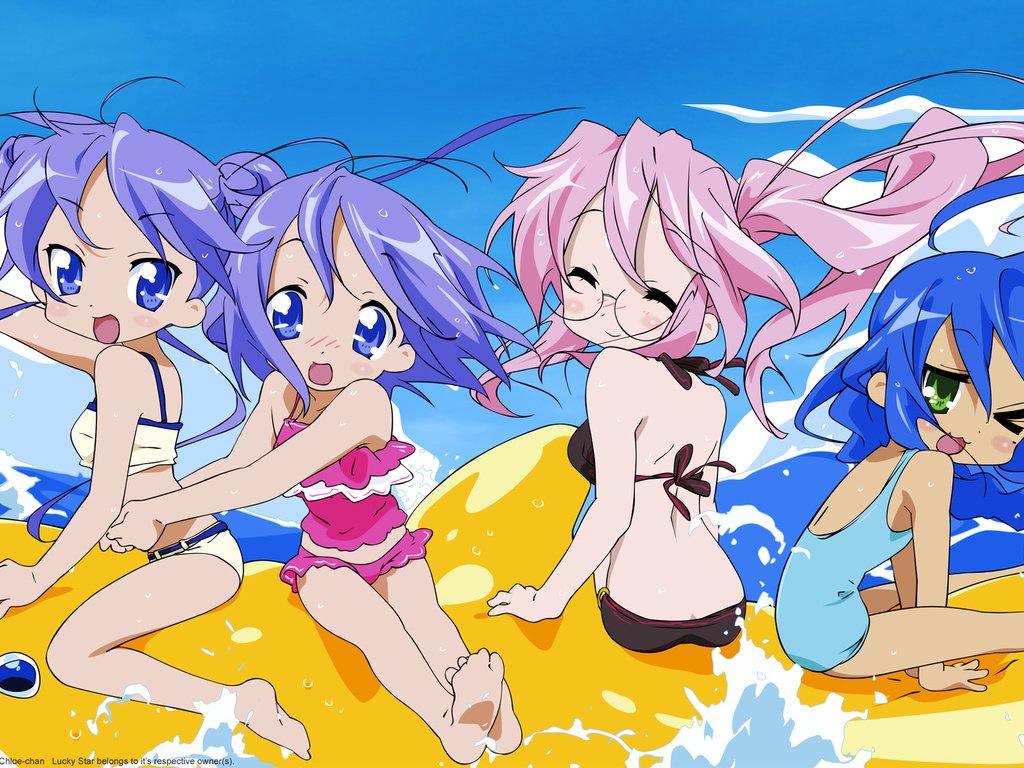 Обои lucky star, izumi konata, hiiragi tsukasa, hiiragi kagami, takara miyuki разрешение 1920x1200 Загрузить