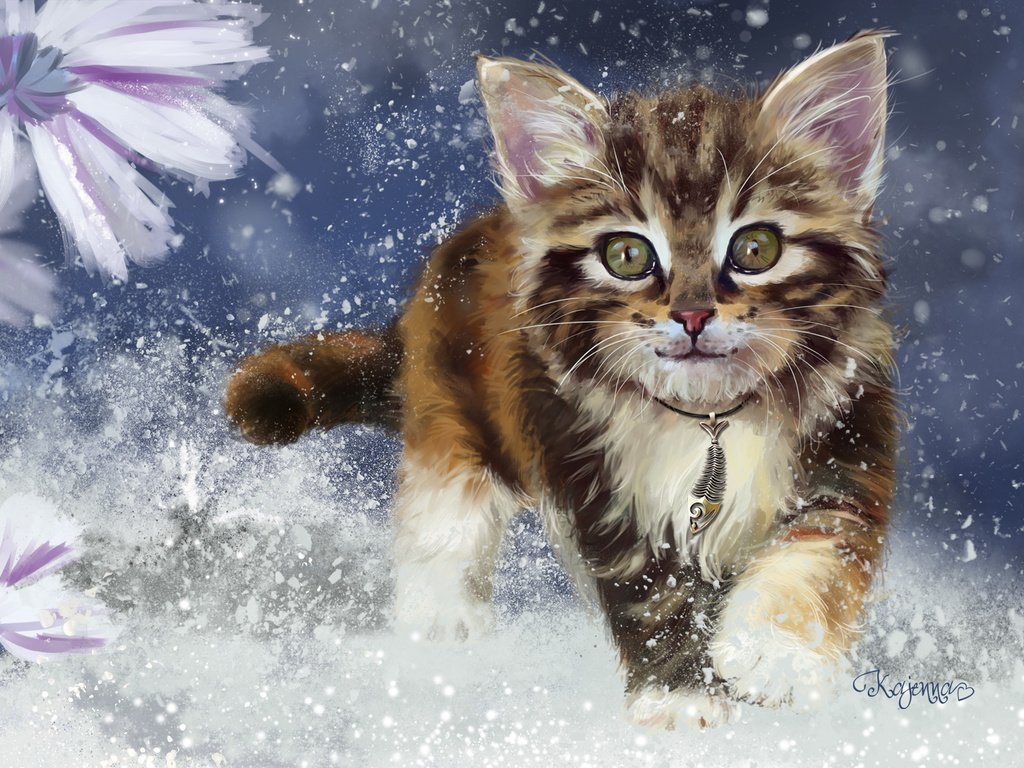 Обои арт, снег, зима, котенок, детская, lorri kajenna, art, snow, winter, kitty, children's разрешение 1920x1200 Загрузить