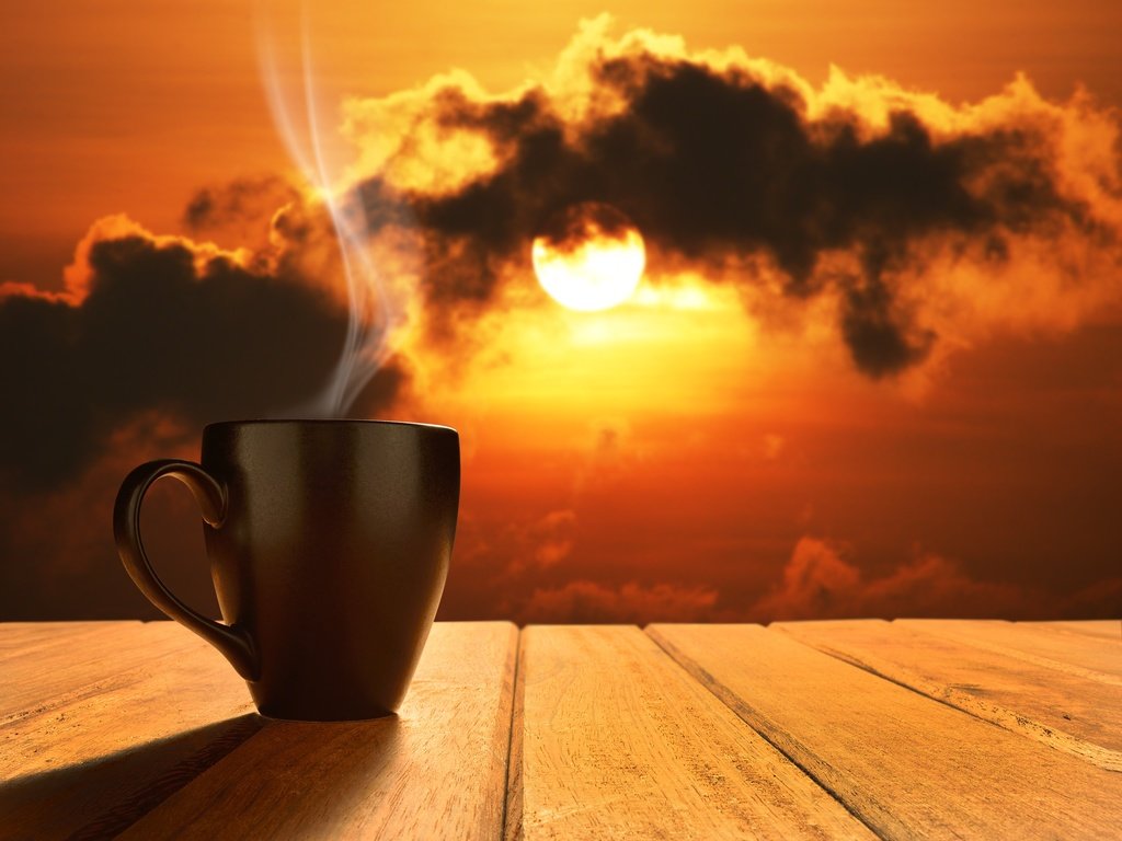 Обои небо, облака, солнце, утро, рассвет, кофе, чашка, the sky, clouds, the sun, morning, dawn, coffee, cup разрешение 3070x2350 Загрузить