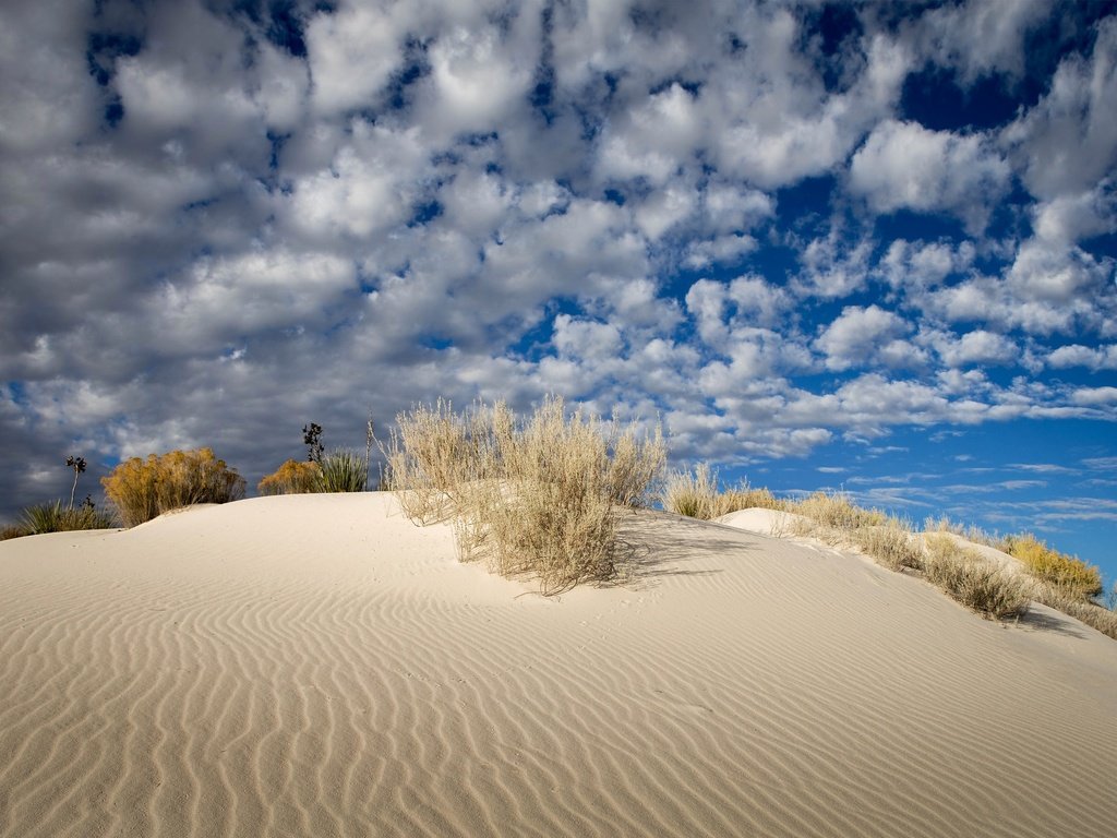 Обои небо, облака, песок, пустыня, сша, нью-мексико, белый песок, the sky, clouds, sand, desert, usa, new mexico, white sand разрешение 2048x1365 Загрузить