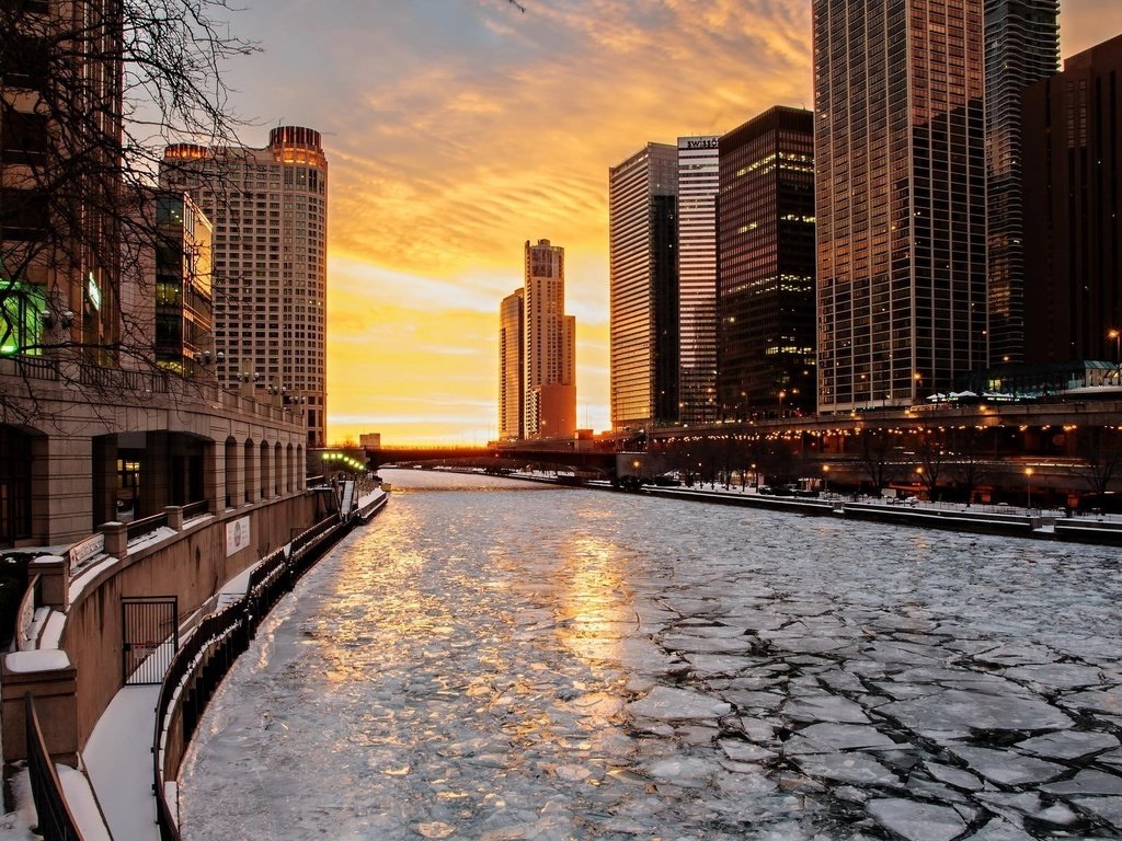 Обои река, зима, город, лёд, сша, чикаго, river, winter, the city, ice, usa, chicago разрешение 1920x1200 Загрузить